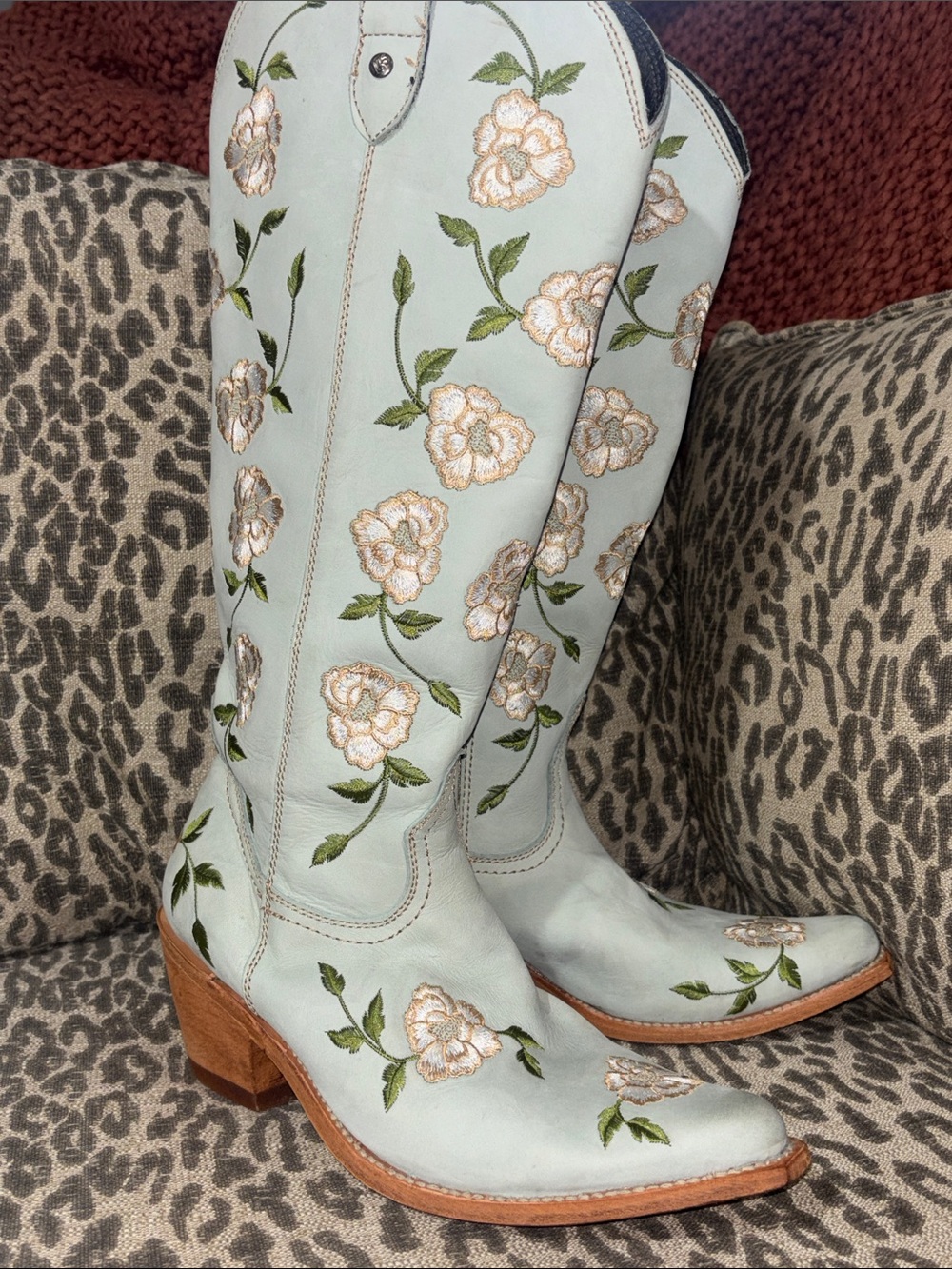 Liberty Black embroidered blue cowboy boots floral western zip up knee high 11